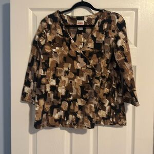 Ruby Rd. Womens Brown Print 3/4 Sleeve Pullover Blouse Top Size 1X